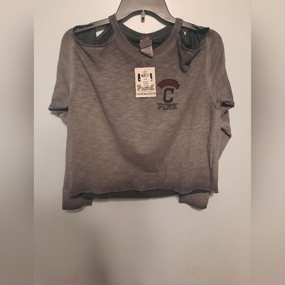 MLB x Pink Three Strikes Cropped Cold Shoulder Gray Sweatshirt Top Cleveland  XS - Picture 1 of 3